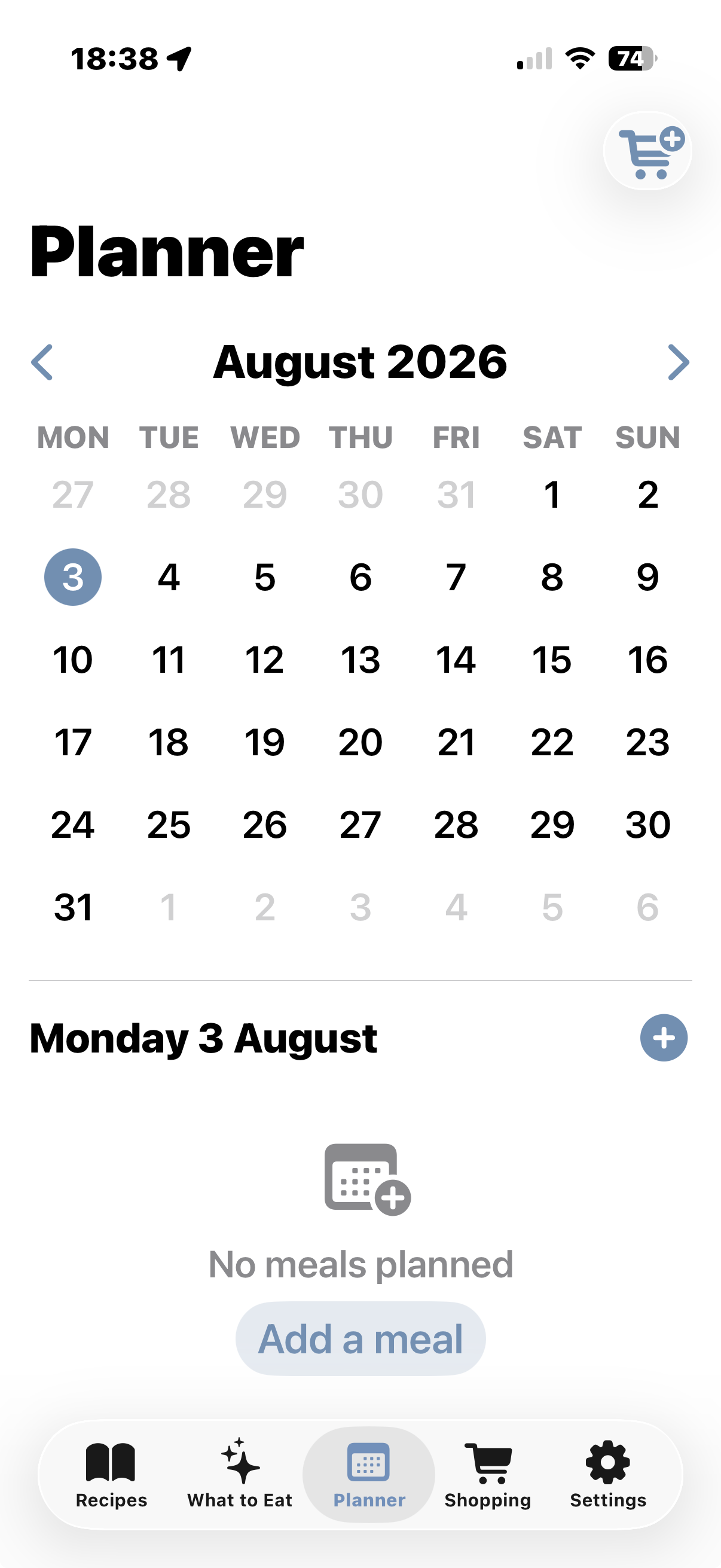 The Planner tab, showing a calendar with planned meals