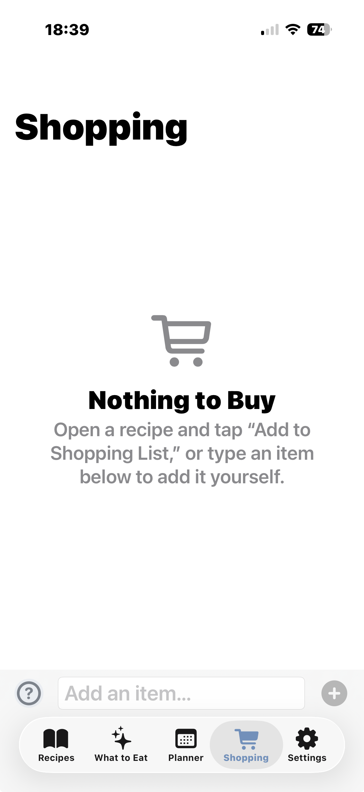 The Shopping tab, showing a categorised shopping list