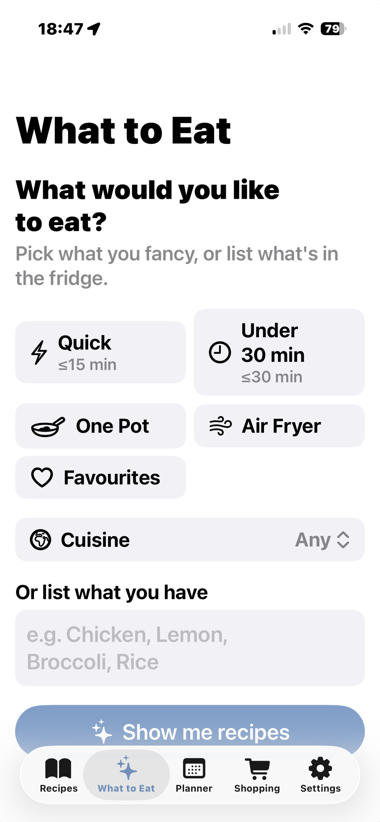 The What to Eat tab, showing filter chips and matched recipes